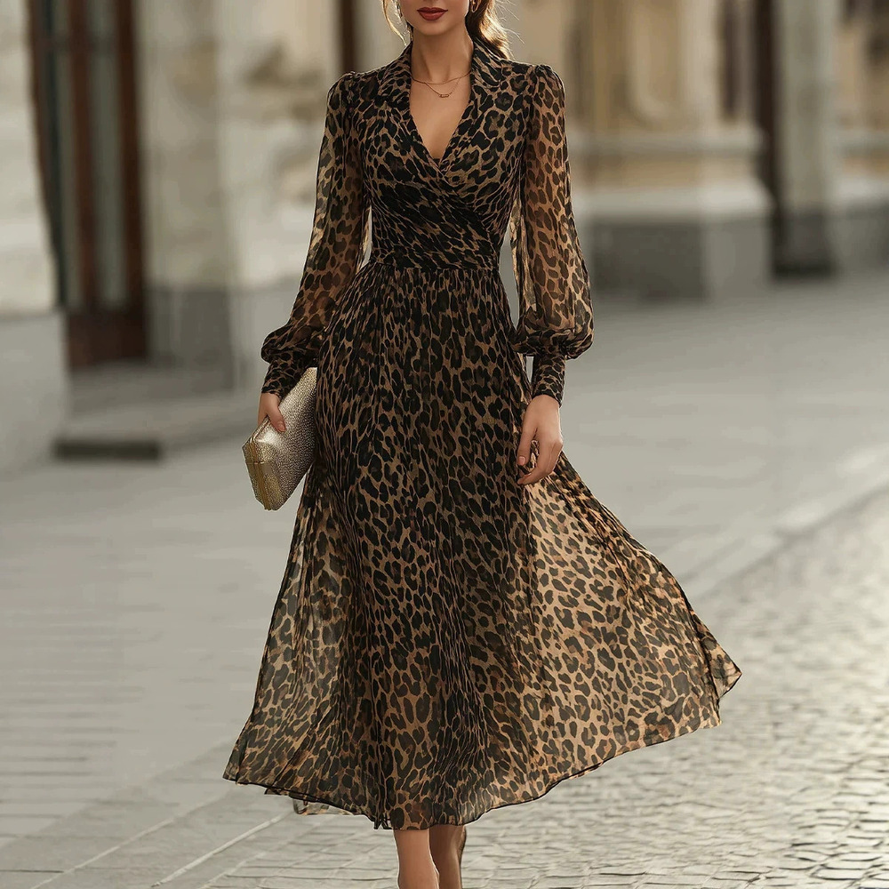ZARA Leopard Print Long Sleeve Womens Maxi Dress Elegant Flowing